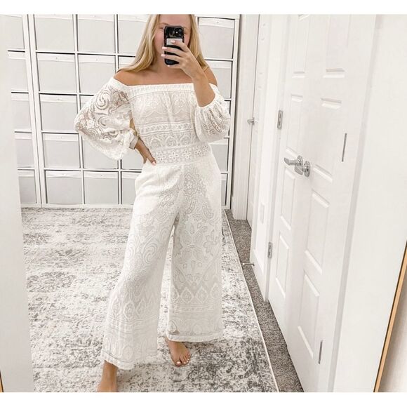 Farm Rio for Anthropology Elliott off the shoulder white lace jumpsuit - Picture 2 of 11